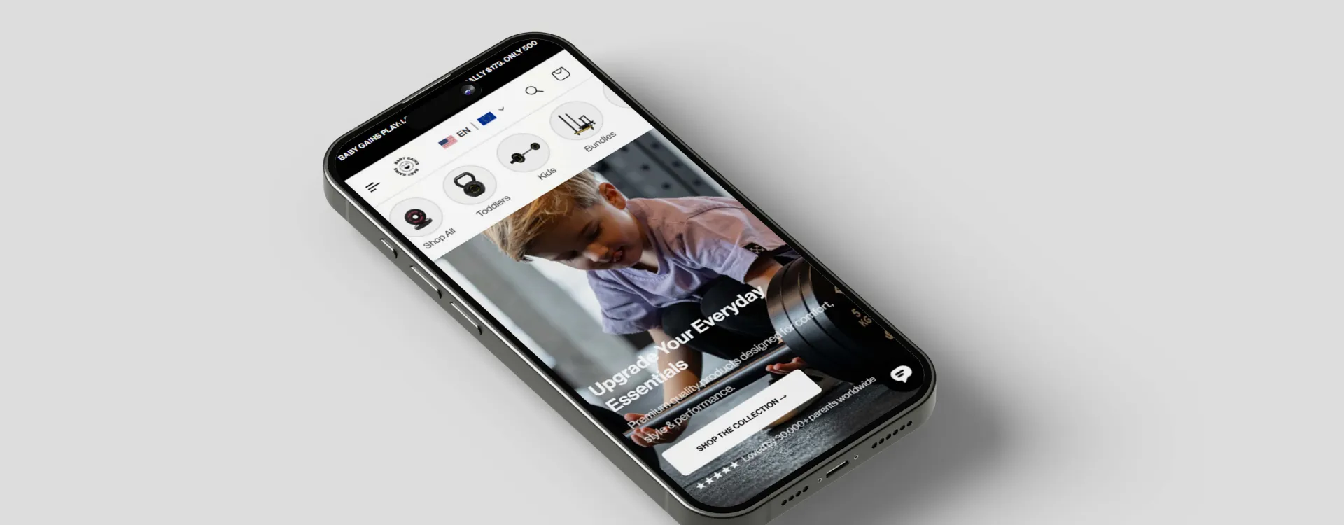 Baby Gains storefront on mobile